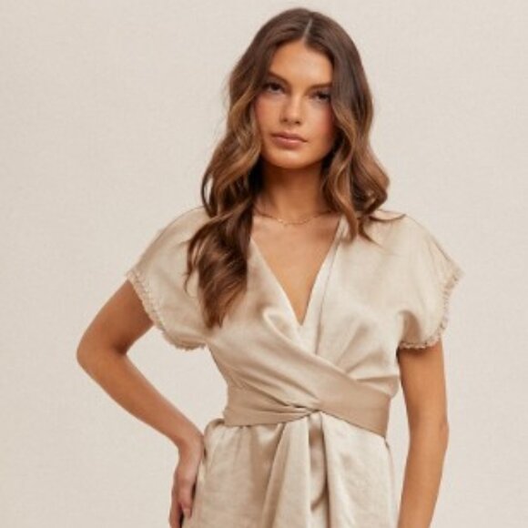 Champagne Hem & Thread V-Neck Satin Wrap Midi Dress - NWT - Picture 1 of 8